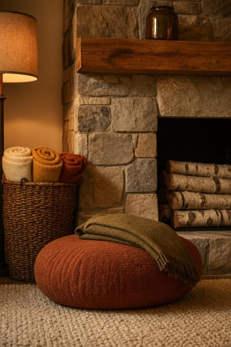 Plush rust floor pouf beside a stone fireplace with stacked birch logs in warm golden light