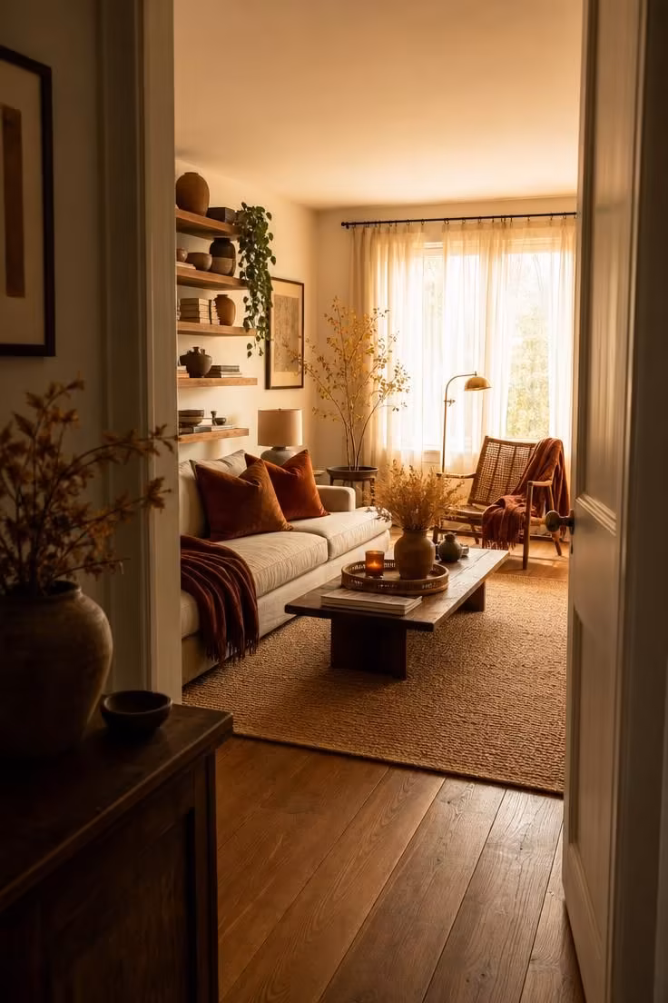 Simple Spaces 19 Warmly styled autumn living room with rust velvet cushions, walnut tray, and jute rug in golden afternoon light