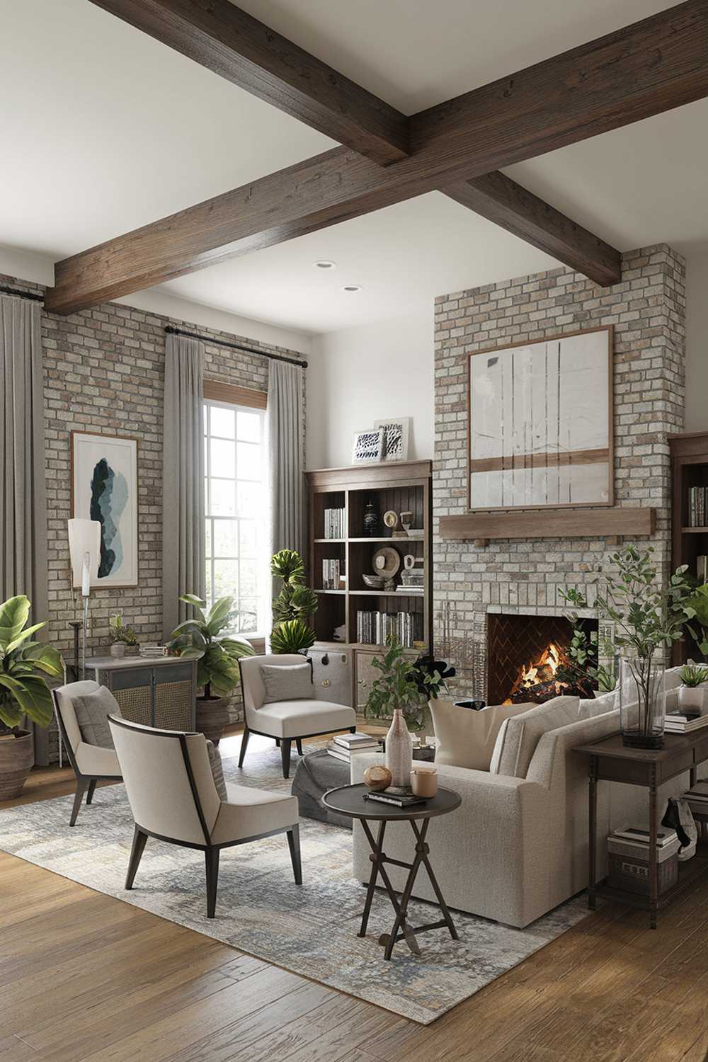 A cozy farmhouse living room design and decor. The room has a rustic charm with modern elements. There is a large wooden beam across the ceiling, exposed brick walls, and a wood-burning fireplace. The room is furnished with a beige sofa, a few chairs, a small table, and a bookshelf. There are also some potted plants. The floor is covered with a patterned rug. The walls are adorned with a few pieces of artwork