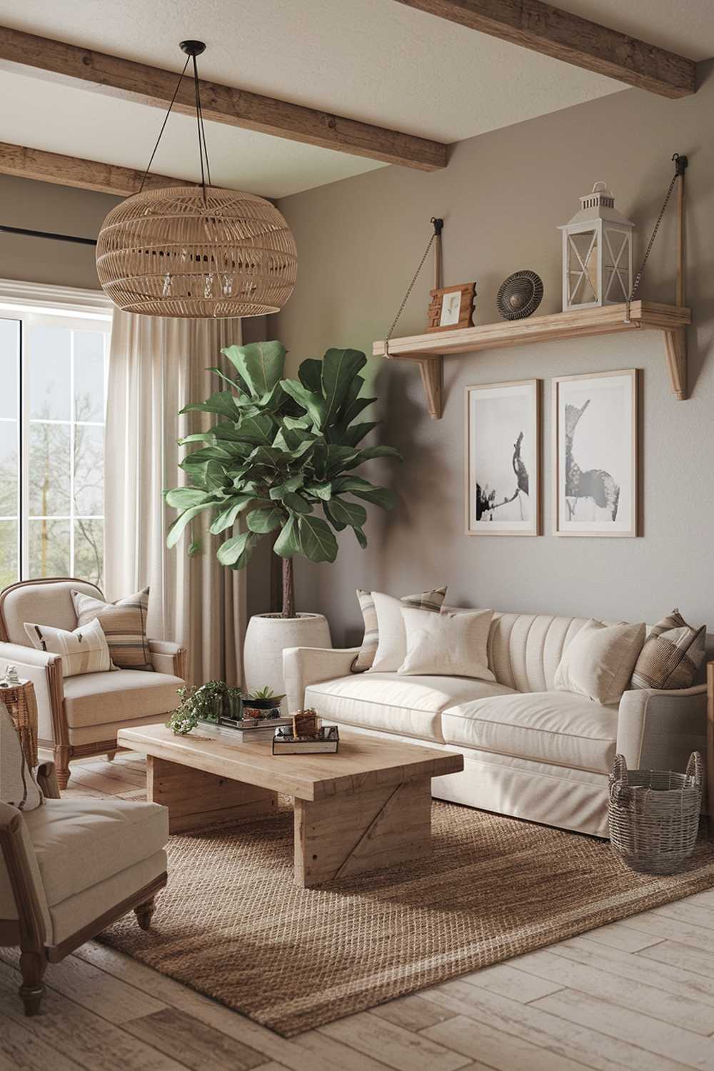 A cozy farmhouse living room design and decor. The room has a rustic charm with a modern twist. There's a large, comfortable sofa in beige and a few matching cushions. A wooden coffee table sits in the middle of the room. There's a large plant in a white pot near the sofa. A beige armchair with a patterned cushion is placed near the window. The walls are painted in a soft gray hue. A wooden shelf hangs above the sofa, displaying a few decorative items. A woven rug covers the wooden floor. A few more decorative items, including a lantern and a basket, are placed around the room. The room has a warm, inviting ambiance.