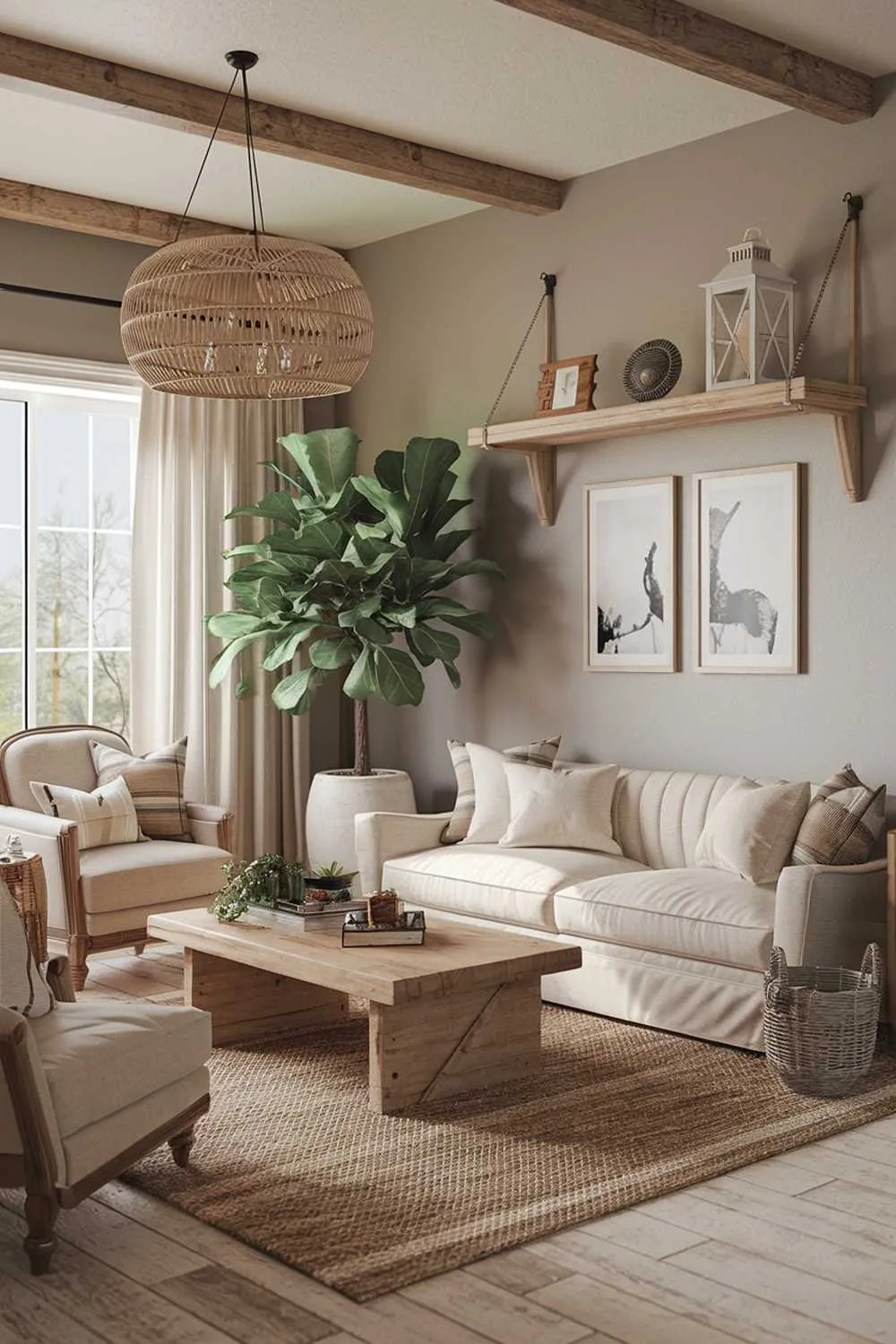21 Cozy Farmhouse Living Room Ideas to Warm Your Home 2 A cozy farmhouse living room design and decor. The room has a rustic charm with a modern twist. There's a large, comfortable sofa in beige and a few matching cushions. A wooden coffee table sits in the middle of the room. There's a large plant in a white pot near the sofa. A beige armchair with a patterned cushion is placed near the window. The walls are painted in a soft gray hue. A wooden shelf hangs above the sofa, displaying a few decorative items. A woven rug covers the wooden floor. A few more decorative items, including a lantern and a basket, are placed around the room. The room has a warm, inviting ambiance.