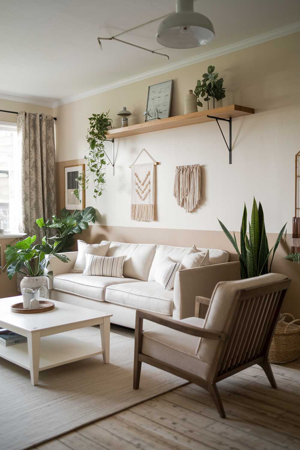 A cozy farmhouse living room design and decor. The room has a beige and white color scheme with wood and metal accents. There's a large beige sofa with white cushions and a few throw pillows. A white coffee table sits in front of the sofa. A beige armchair with a wood frame sits next to the sofa. There's a wood shelf above the sofa, holding a few decorative items. The room has a few potted plants. The walls have a few hanging decorative items. The flooring is wooden.