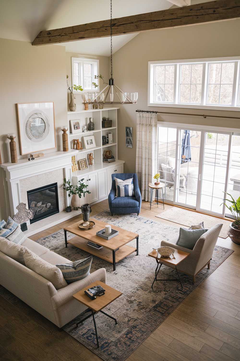 A cozy farmhouse living room design and decor. The room has a rustic charm with modern elements. There's a beige sofa, a blue armchair, a wooden coffee table, and a white bookshelf. The walls are adorned with decorative items. A large area rug covers the wooden floor. A sliding glass door leads to an outdoor space.