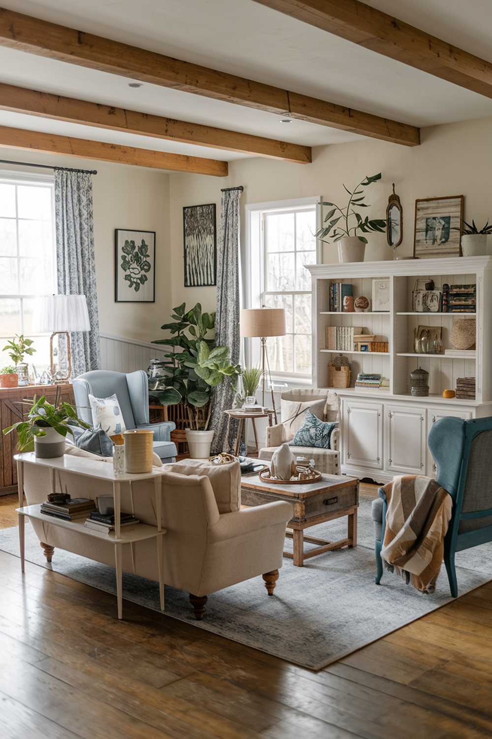 A cozy farmhouse living room design and decor. The room has a beige sofa with wooden legs, a white bookcase, a blue armchair, a wooden coffee table, and a vintage lamp. There are also plants, decorative items, and a rug in the room. The walls have wooden beams and a few pieces of art. The floor is made of wood.