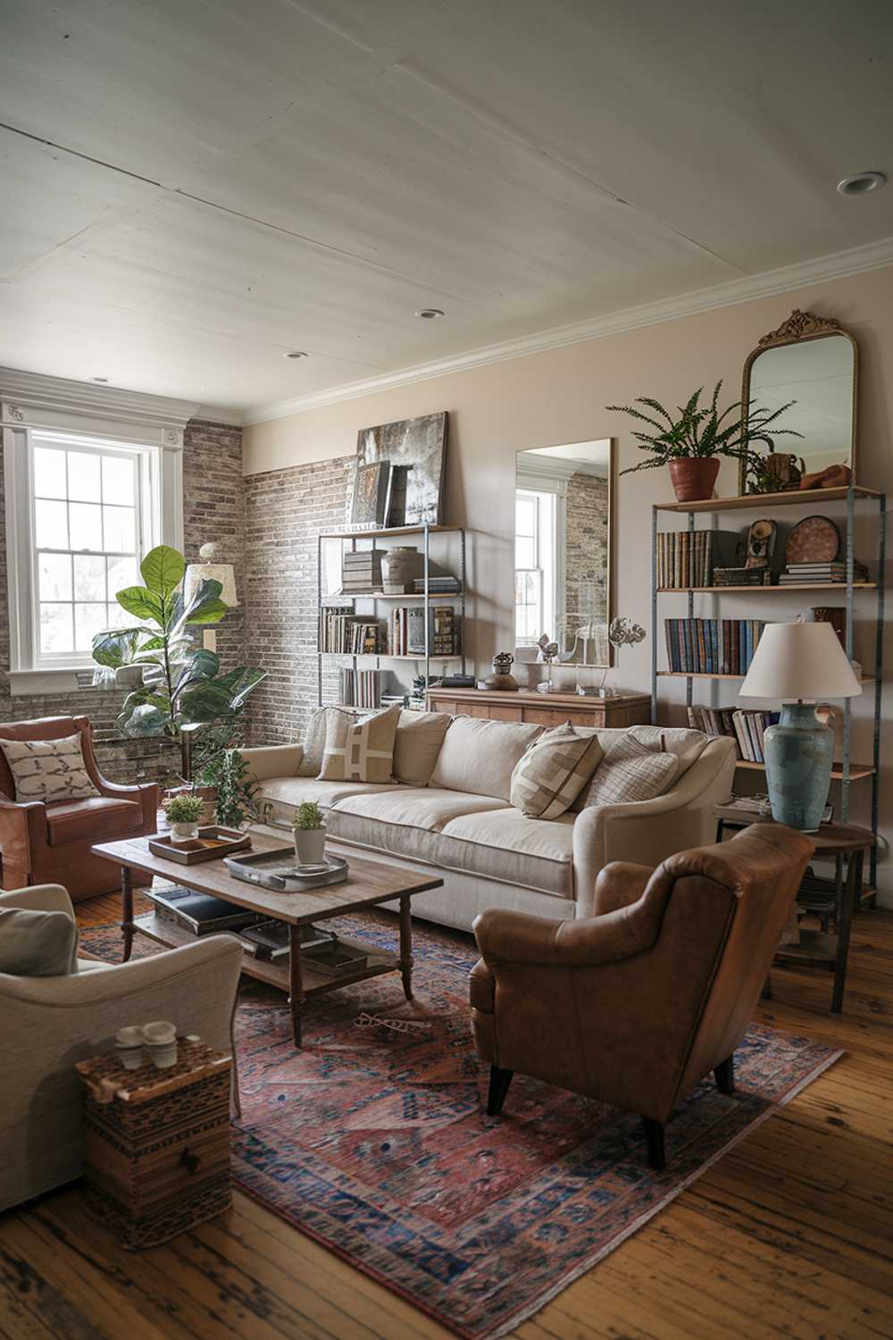 A cozy farmhouse living room. The room features a beige sofa, a brown leather chair, a wooden coffee table, and a vintage rug. There are also bookshelves, a potted plant, and a lamp. The walls are adorned with artwork and a mirror. The room has wooden floors and a brick wall. The lighting is soft.