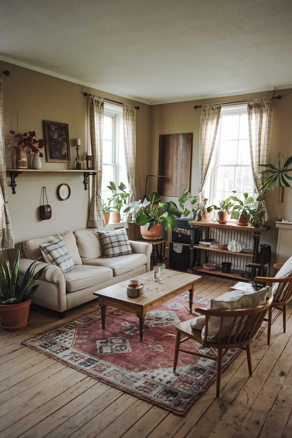 21 Cozy Farmhouse Living Room Ideas to Warm Your Home 7 A cozy farmhouse living room with a rustic, stylish decor. The room has a beige sofa with plaid pillows, a wooden coffee table, and a vintage rug. There are also a few potted plants and a wooden shelf with decorative items. The walls are painted beige and have a few hanging items. The floor is made of wooden planks. The room has a few windows with curtains.