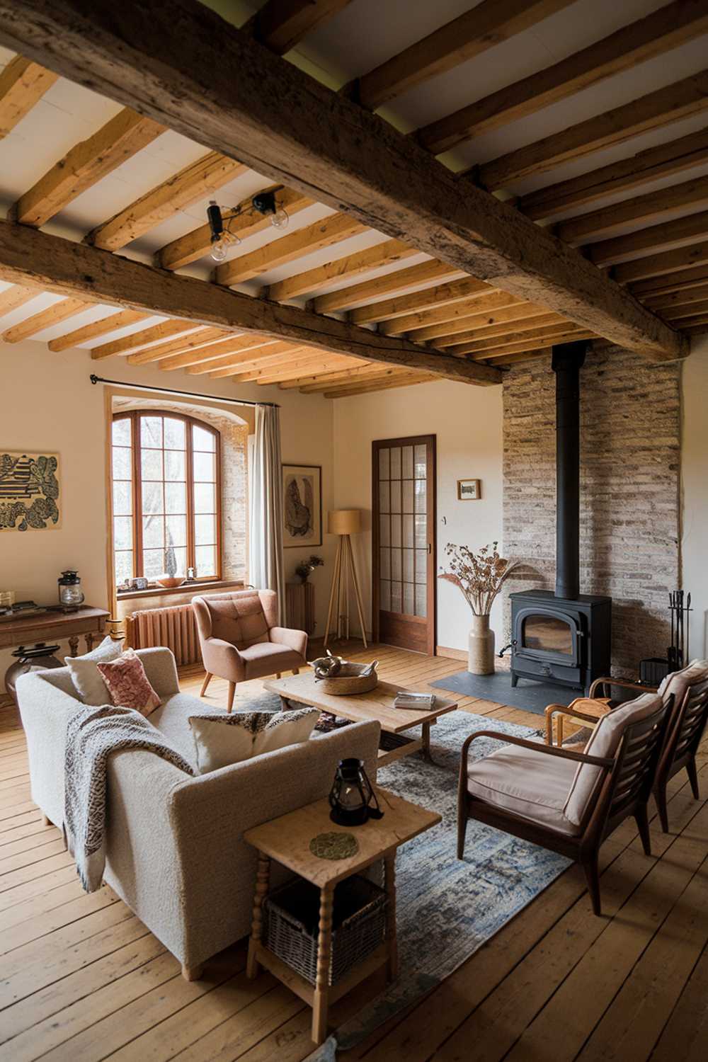 A cozy farmhouse living room with a rustic wooden beam ceiling, exposed brick walls, and a wood-burning stove. There's a plush beige sofa with a few throw pillows, a few chairs, a coffee table made of wood, and a wooden side table. A few decorative items, such as a lantern, a basket, and a vase with dried flowers, are scattered around the room. The floor is made of wooden planks. There's a window with a wooden frame and a curtain, and a door with a glass panel. The walls are adorned with a few artwork pieces.