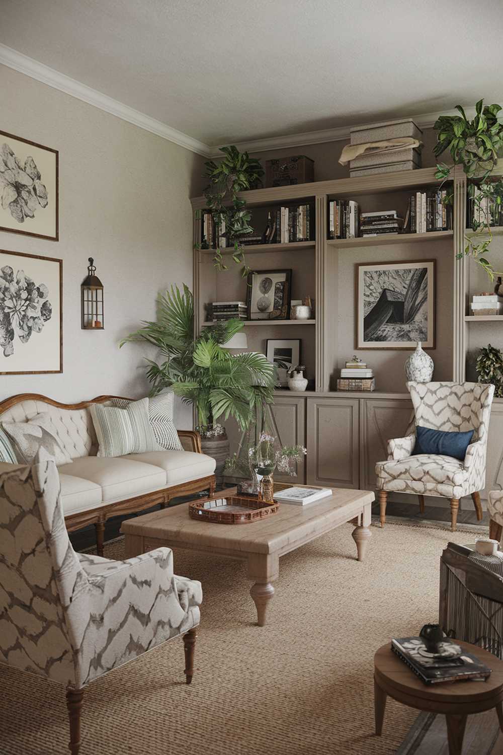 A cozy farmhouse living room decor. There's a beige couch with wooden legs, a few chairs with patterned fabrics, and a wooden coffee table. A beige rug covers the floor. On the walls, there are a few pieces of artwork and a lantern. There's a bookshelf filled with books and decorative items. The room has a few potted plants. The lighting is soft.