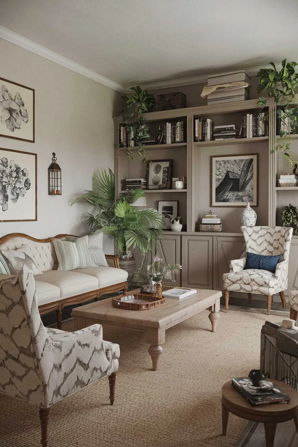 21 Cozy Farmhouse Living Room Ideas to Warm Your Home 10 A cozy farmhouse living room decor. There's a beige couch with wooden legs, a few chairs with patterned fabrics, and a wooden coffee table. A beige rug covers the floor. On the walls, there are a few pieces of artwork and a lantern. There's a bookshelf filled with books and decorative items. The room has a few potted plants. The lighting is soft.