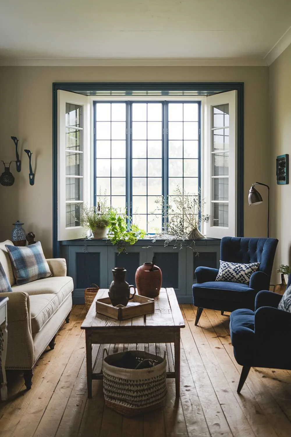 21 Cozy Farmhouse Living Room Ideas to Warm Your Home 11 A cozy farmhouse living room with a rustic style. There's a beige sofa with a few cushions, a dark blue chair with a patterned cushion, and a wooden coffee table in the middle of the room. A few decorative items, such as a vase and a basket, are placed on the table. The walls are painted beige and have some dark blue accents. There's a large window with a white frame and blue accents. The window has a few plants near it. The floor is made of wooden planks.