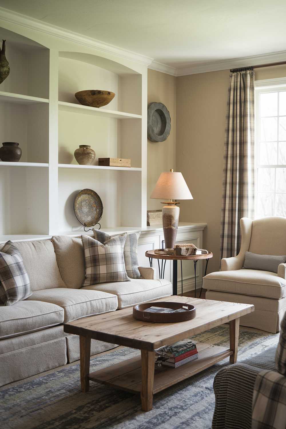 A cozy farmhouse living room decor. There is a beige sofa with plaid pillows, a wooden coffee table, and a beige chair in the room. There is a small table with a lamp near the window. The walls are painted beige and have white shelves. There is a rug on the floor. The room has a few personal items, such as a wooden bowl, a ceramic pot, and a decorative plate.