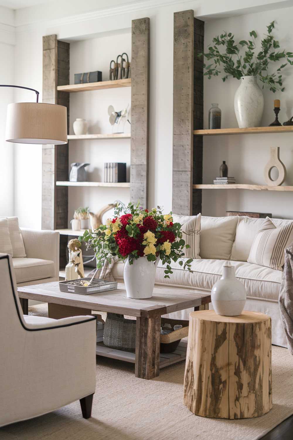 A cozy farmhouse living room decor. The room has a beige-colored sofa and a few chairs. There's a wooden coffee table in the middle with a white vase filled with red and yellow flowers. A large floor lamp with a beige shade is placed near the sofa. The walls are adorned with rustic wooden shelves that have a white vase with greenery and a few decorative items. The room has a wooden stump as a side table with a white vessel on it. The floor is covered with a beige rug.