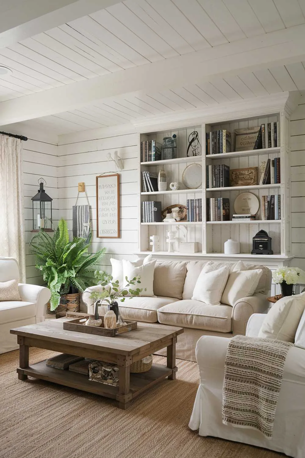 21 Cozy Farmhouse Living Room Ideas to Warm Your Home 14 A cozy farmhouse living room decor. The room has a beige and white color scheme, with wooden elements and rustic decor. There's a beige sofa with white pillows, a wooden coffee table, and a white bookshelf filled with books and decorative items. The walls have white wooden panels and a beige rug covers the floor. There's a green plant in the corner and a few decorative items, including a lantern and a sign.
