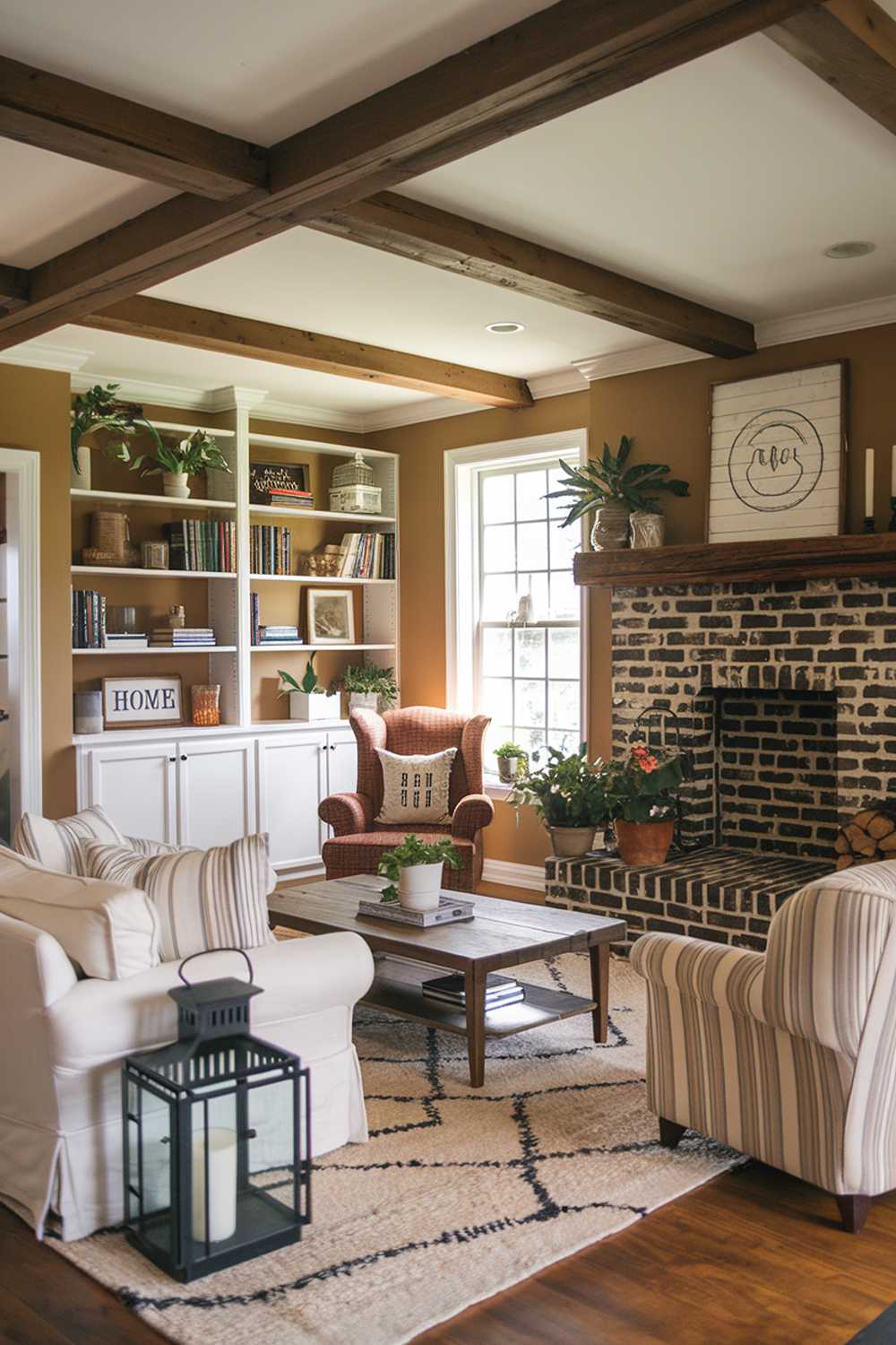 A cozy farmhouse living room with a stylish decor. The room has a wooden beam ceiling, a brick fireplace with a mantel, and a plush rug in front of the fireplace. There is a vintage armchair near the fireplace and a wooden coffee table in the middle of the room. A bookshelf filled with books and decorative items is on the left wall. The room has a few potted plants, a lantern, and a sign that says "Home" near the entrance. The walls are painted in a warm beige color.