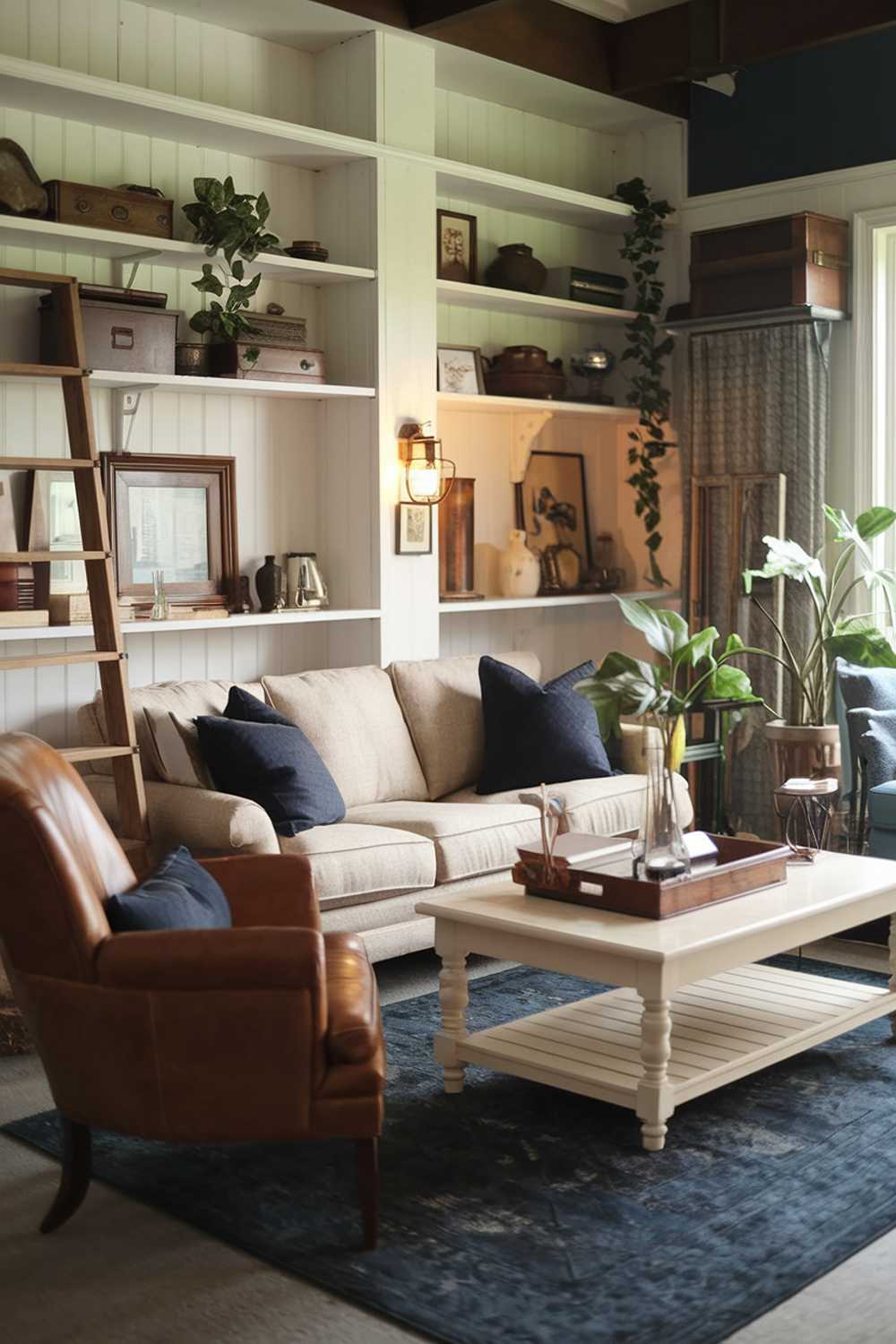 A cozy farmhouse living room decor. The room has a beige sofa with dark blue pillows, a brown leather chair, and a white coffee table. There's a dark blue rug on the floor. The walls have white shelves with antique items. There's a wooden ladder beside the beige sofa. The room has a few potted plants. The lighting is warm.