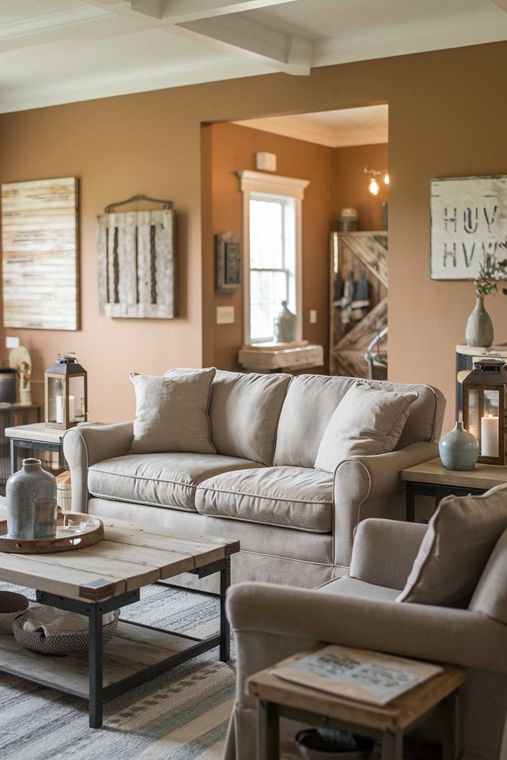 A cozy farmhouse living room with a stylish decor. There is a beige sofa with two cushions and a gray armchair. The room has a wooden coffee table and a wooden side table. The walls are painted in a warm hue. There are a few decorative items, such as a lantern, a vase, and a wooden sign. The room has a few pieces of artwork on the walls.