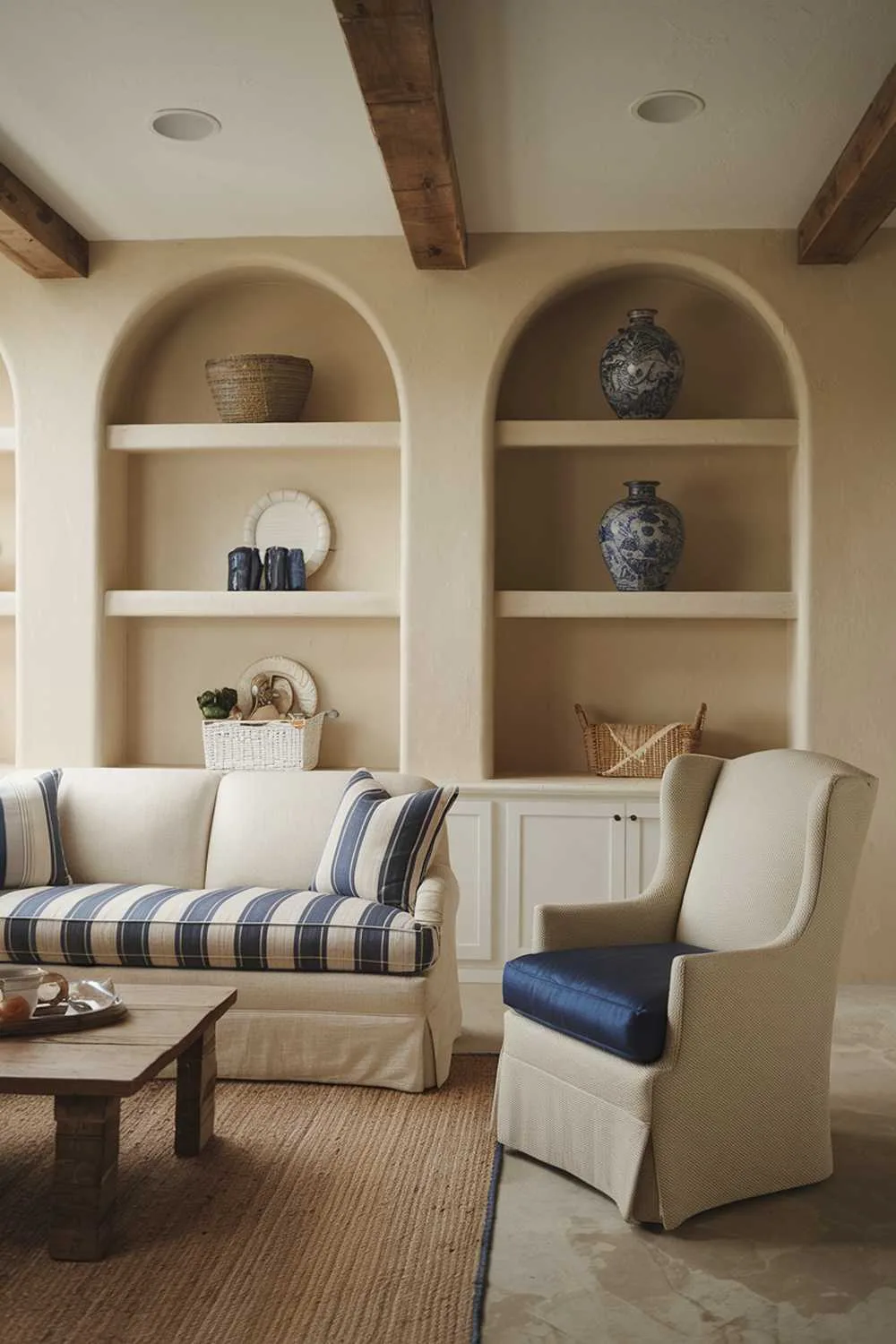 21 Cozy Farmhouse Living Room Ideas to Warm Your Home 18 A cozy farmhouse living room decor. There is a beige sofa with blue and white striped cushions, a wooden coffee table, and a beige chair with a blue cushion. The walls are painted beige and have white shelves. There are decorative items on the shelves, including a large blue vase, a white basket, and a few smaller items. There is a rug on the floor. The room has a wooden beam ceiling. The lighting is warm.