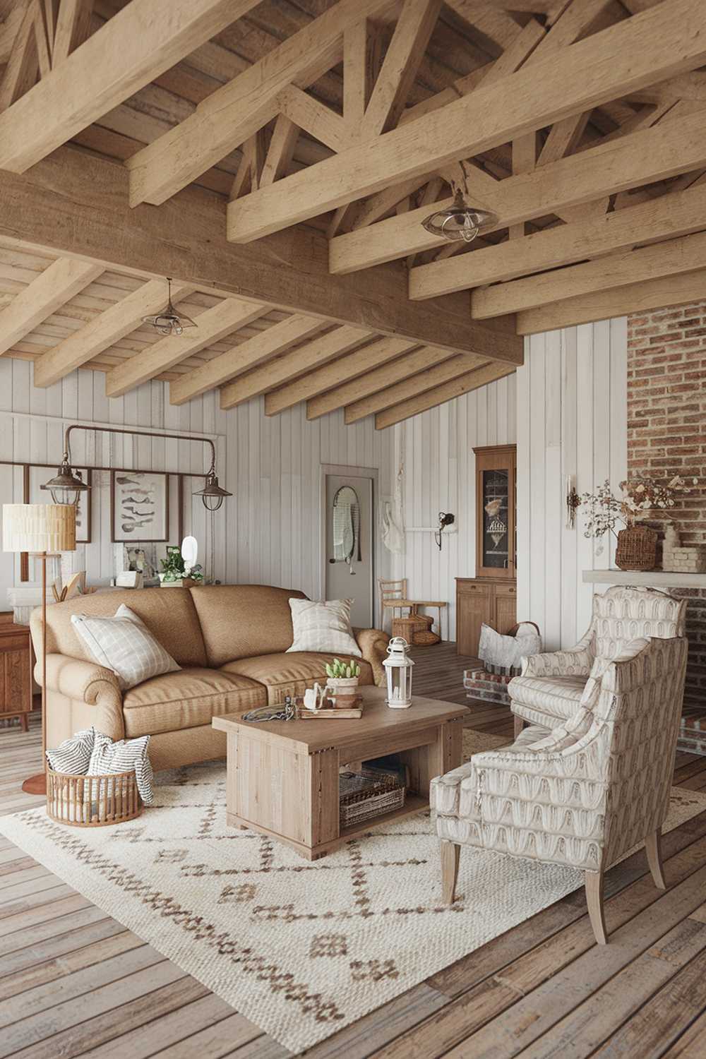 A cozy farmhouse living room decor with a wooden beam ceiling, white walls, and a brick fireplace. There's a beige sofa with a few cushions and a couple of chairs with a patterned fabric. A wooden coffee table is placed in the middle of the room. A few decorative items, including a lantern, a basket, and a vase with flowers, are placed on the table and near the fireplace. A rug with a geometric pattern is placed under the table. The flooring is made of worn wooden planks.