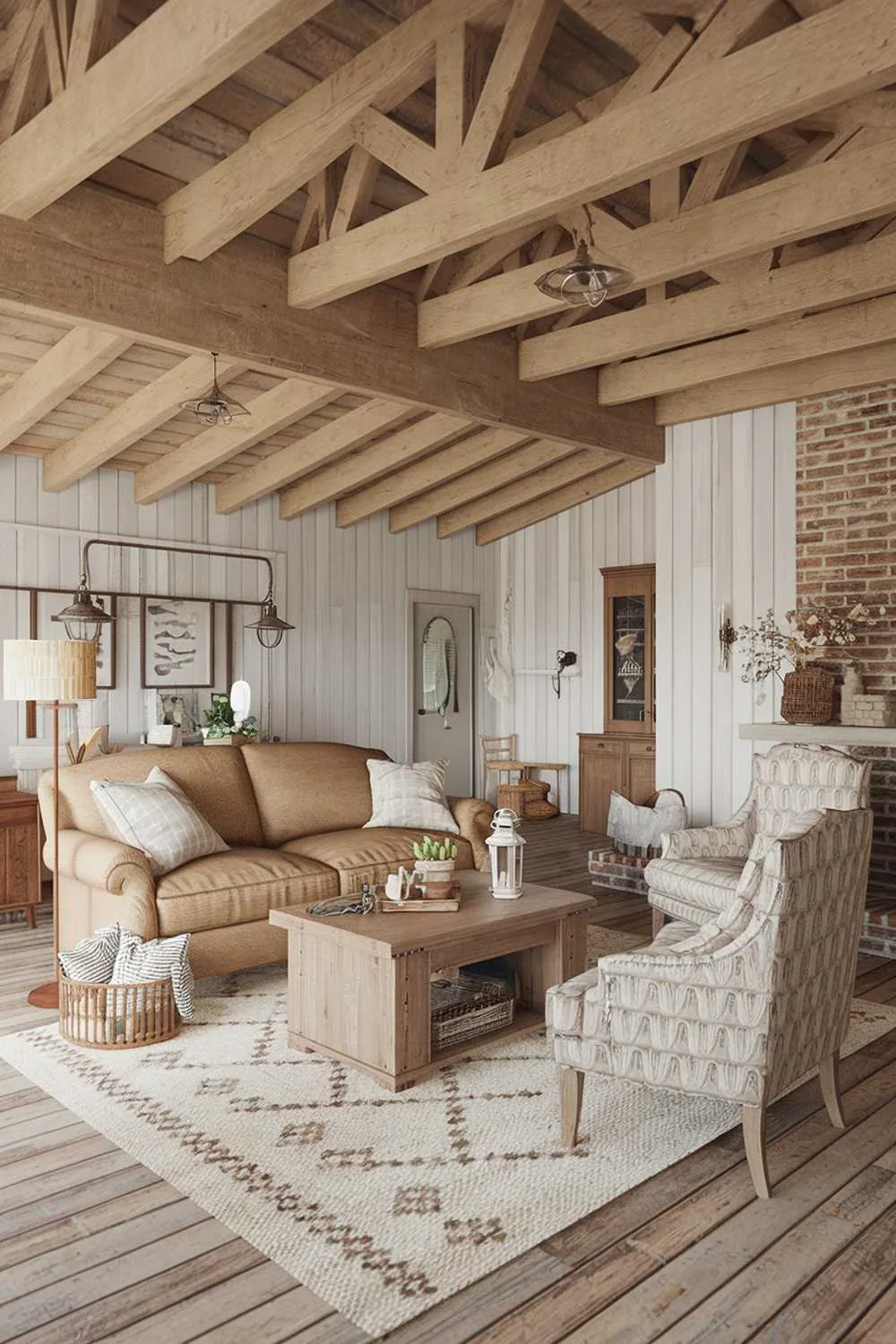 21 Cozy Farmhouse Living Room Ideas to Warm Your Home 19 A cozy farmhouse living room decor with a wooden beam ceiling, white walls, and a brick fireplace. There's a beige sofa with a few cushions and a couple of chairs with a patterned fabric. A wooden coffee table is placed in the middle of the room. A few decorative items, including a lantern, a basket, and a vase with flowers, are placed on the table and near the fireplace. A rug with a geometric pattern is placed under the table. The flooring is made of worn wooden planks.