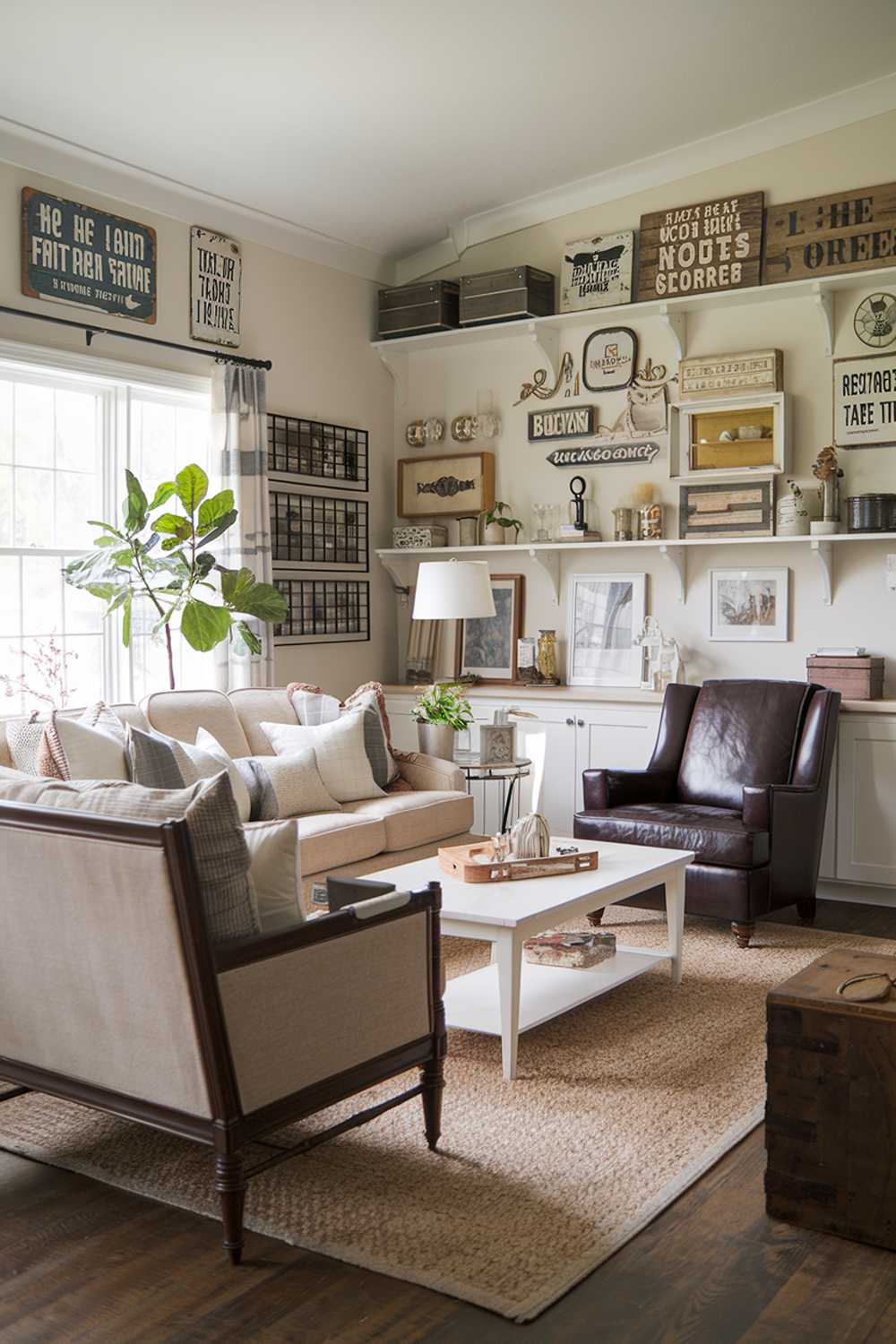 A cozy farmhouse living room with a stylish and detailed decor. There's a beige sofa with dark brown wooden legs. A dark brown leather chair is placed near the window. A white coffee table sits between the sofa and the chair. A beige rug is placed under the furniture. The walls are adorned with vintage signs and shelves filled with decorative items. A potted plant is placed near the window.