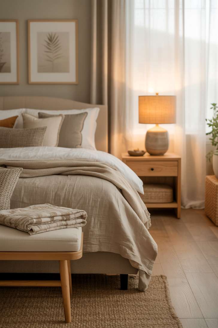 10 Cozy Guest Bedroom Ideas for a Warm Welcome 1 A queen-sized guest bed dressed in beige and cream linen, with a chunky knit throw and a ceramic lamp glowing warmly on a wood nightstand