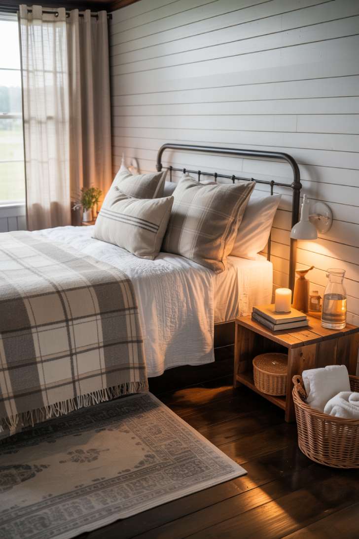 10 Cozy Guest Bedroom Ideas for a Warm Welcome 2 A black metal bed frame against a white shiplap accent wall, dressed in crisp white cotton and a plaid gray-taupe throw