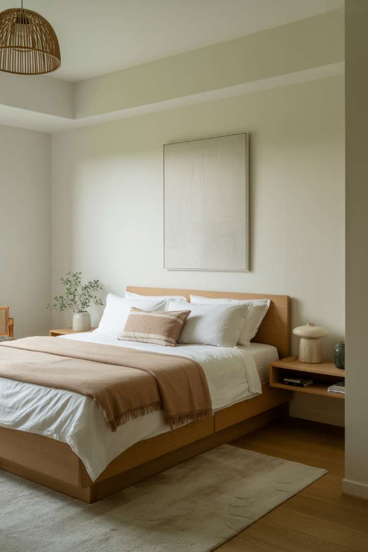 10 Cozy Guest Bedroom Ideas for a Warm Welcome 4 A low-profile platform bed in light oak with white bedding and a taupe throw, pendant light overhead, slim floating nightstand, and a single large abstract art piece
