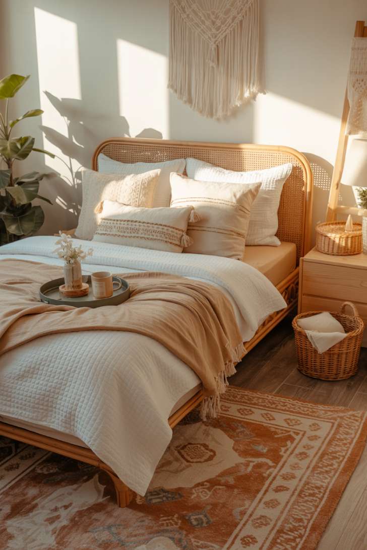 10 Cozy Guest Bedroom Ideas for a Warm Welcome 5 A rattan bed frame with white and sand layered bedding, macramé wall hanging, terracotta-toned area rug, and a leafy indoor plant in the corner