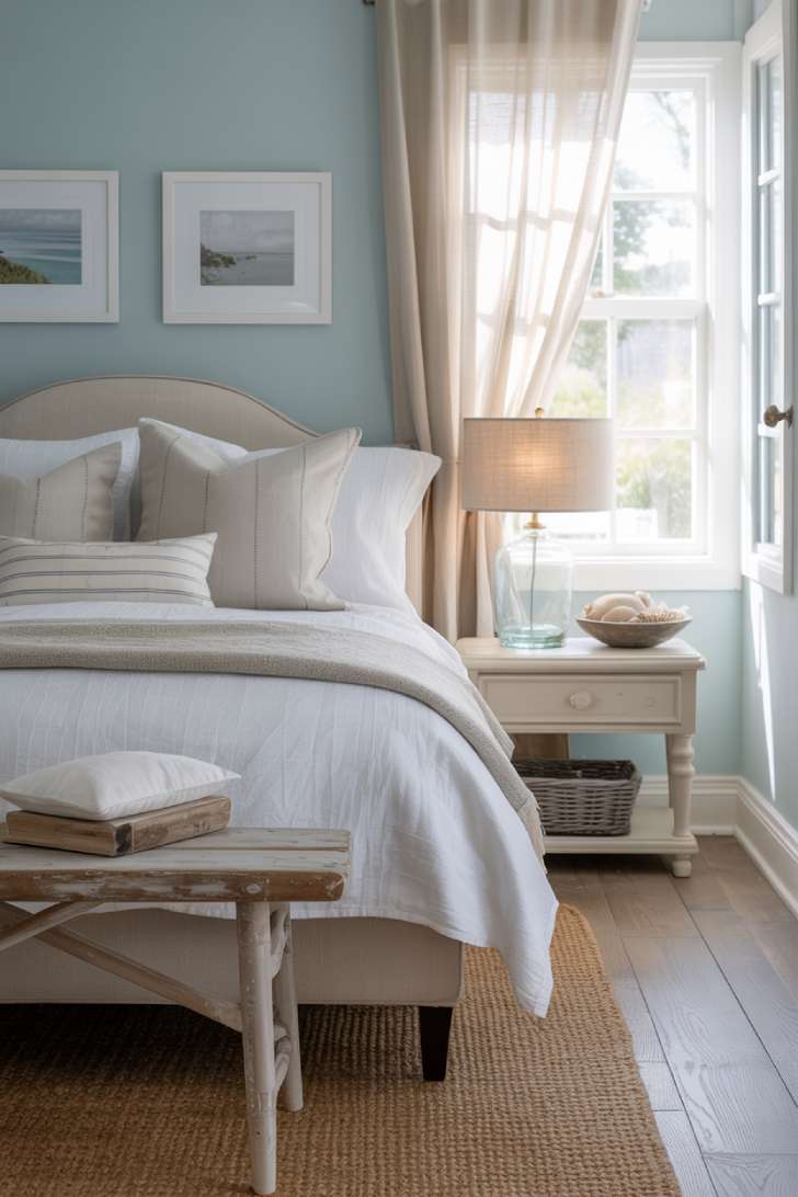 10 Cozy Guest Bedroom Ideas for a Warm Welcome 6 Pale blue walls, a white upholstered bed, striped pillows, a seagrass rug, driftwood bench, and sheer curtains billowing near an open window