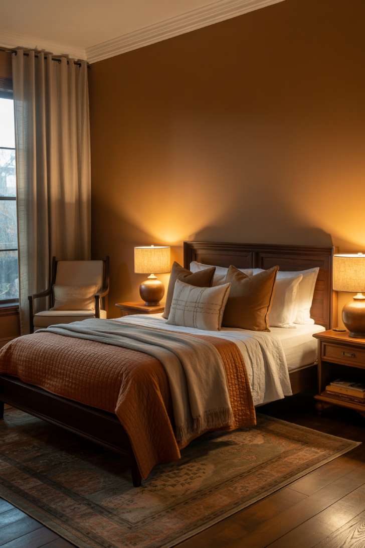 10 Cozy Guest Bedroom Ideas for a Warm Welcome 7 A dark wood bed frame against a caramel accent wall, with rust-colored quilt, cream and brown pillows, a patterned rug, and a cozy armchair reading nook