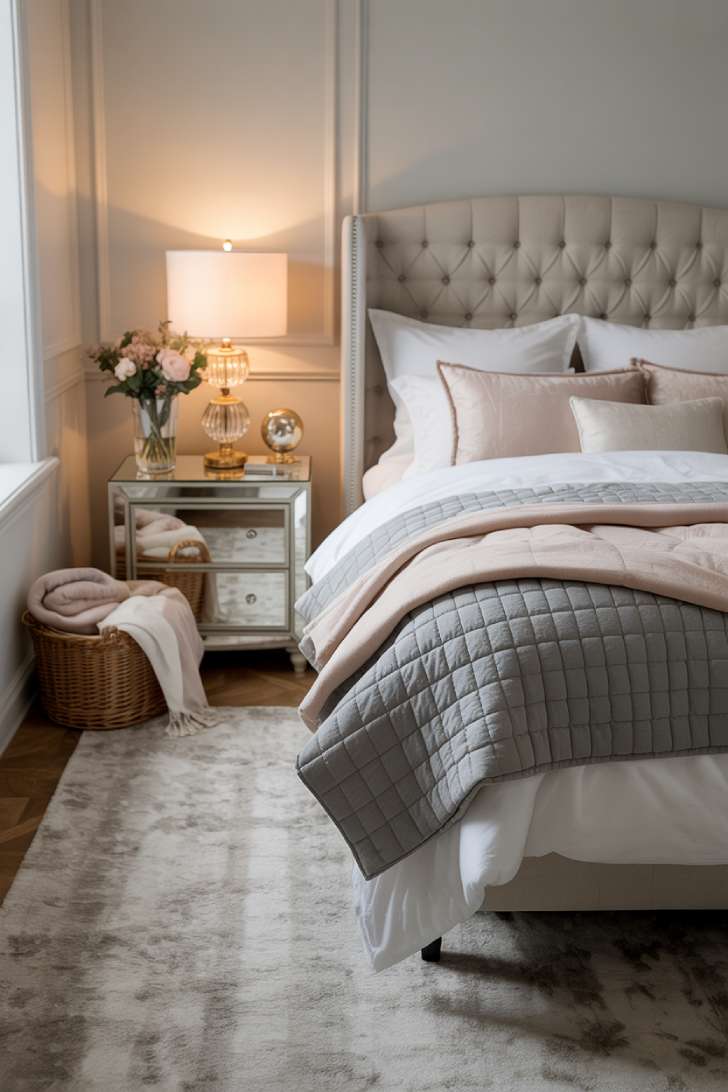 10 Cozy Guest Bedroom Ideas for a Warm Welcome 8 A tufted gray upholstered headboard with white, dove gray, and blush bedding, a mirrored nightstand, crystal-inspired lamp, and fresh flowers on the dresser