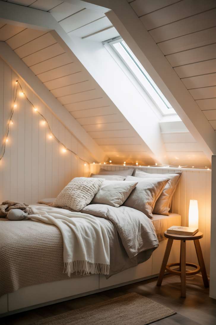 10 Cozy Guest Bedroom Ideas for a Warm Welcome 9 A built-in bed nook under sloped white-painted attic ceilings with string lights, a skylight, exposed wood beams, and cream and gray layered bedding