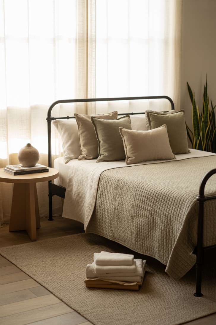 10 Cozy Guest Bedroom Ideas for a Warm Welcome 10 A black iron bed frame against soft warm white walls, neutral quilted coverlet with sage and beige pillows, a round wood side table, tall indoor plant, and folded towels at the foot of the bed