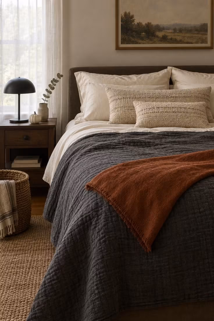 11 Cozy Halloween Bedroom Ideas for Calm Autumn Nights 1 Bed with a charcoal linen quilt over cream sheets, a rust throw folded at an angle, and a white ceramic pumpkin on the nightstand.