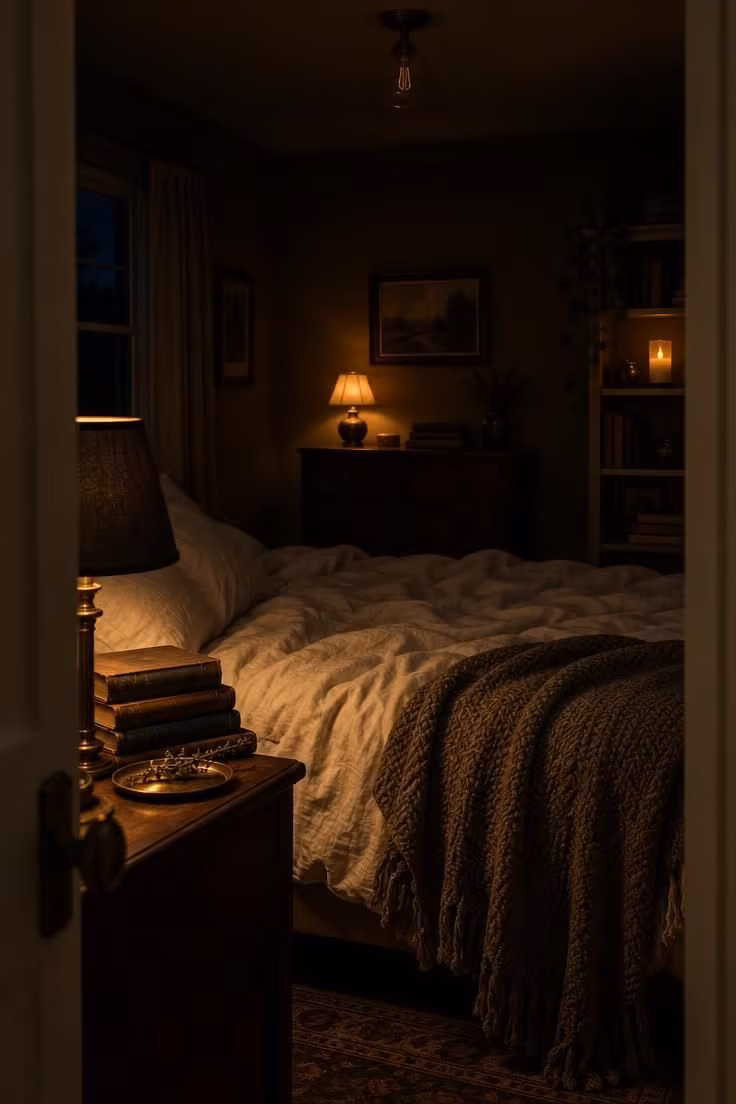 11 Cozy Halloween Bedroom Ideas for Calm Autumn Nights 2 Dim bedroom at night lit by three low warm lamps with visible filament bulbs, overhead light off.