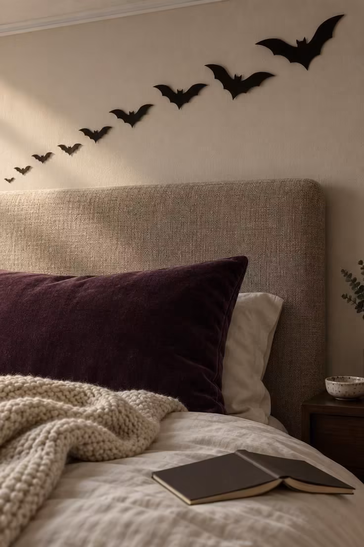 11 Cozy Halloween Bedroom Ideas for Calm Autumn Nights 3 Graduated row of matte black bat decals arcing above a fabric headboard, with shimmery plum and cream textiles below.