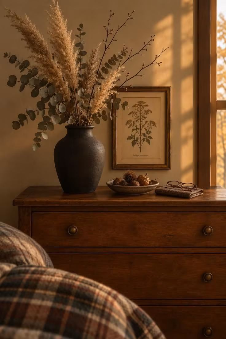 11 Cozy Halloween Bedroom Ideas for Calm Autumn Nights 4 Dried eucalyptus and pampas in a matte black vase on a wood dresser, with a framed botanical print behind.