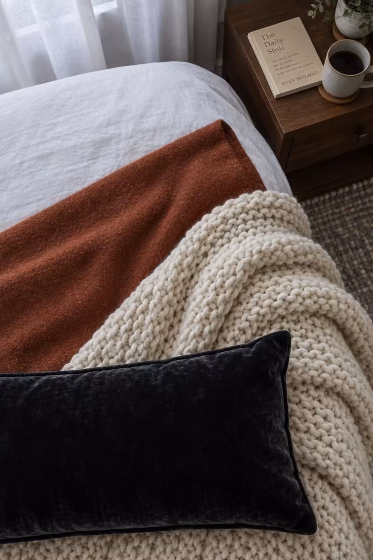 11 Cozy Halloween Bedroom Ideas for Calm Autumn Nights 7 Layered textiles at the foot of a bed, a black velvet cushion, chunky cream knit, and rust folded blanket.