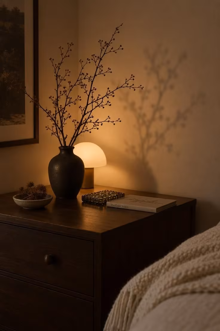 11 Cozy Halloween Bedroom Ideas for Calm Autumn Nights 8 Bare branch arrangement in front of a small low lamp, casting a soft shadow pattern on a bedroom wall.