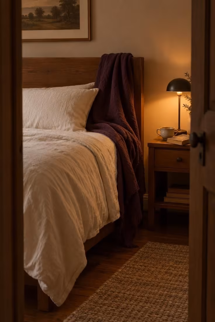 11 Cozy Halloween Bedroom Ideas for Calm Autumn Nights 9 Plum linen throw draped over one corner of a wooden headboard, falling unevenly down one side.