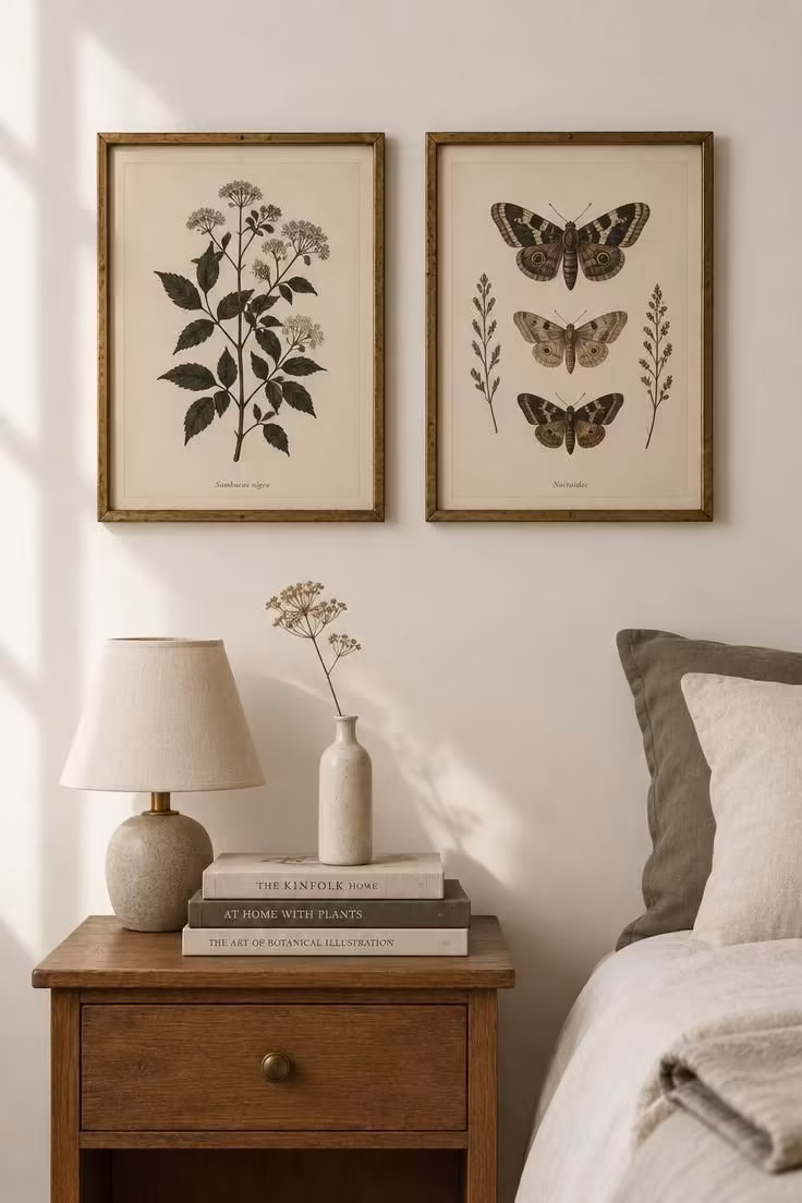 11 Cozy Halloween Bedroom Ideas for Calm Autumn Nights 10 Two reused brass frames on a bedroom wall holding dark botanical and moth prints on cream paper.