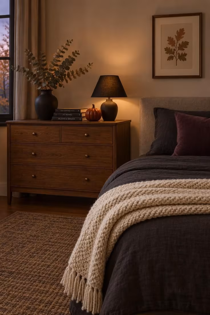 11 Cozy Halloween Bedroom Ideas for Calm Autumn Nights 11 Autumn bedroom decor with dried eucalyptus, a ceramic pumpkin, dark-spined books, and a low warm lamp beside a charcoal bed.