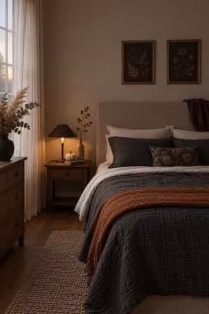 Cozy halloween bedroom at dusk with charcoal bedding, a rust throw, dried botanicals, warm low lamplight, and dark botanical prints on the wall.