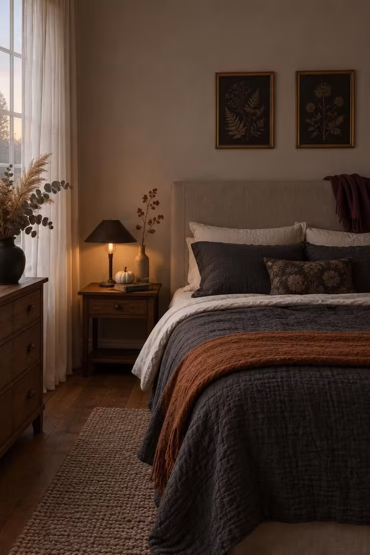Simple Spaces 15 Cozy halloween bedroom at dusk with charcoal bedding, a rust throw, dried botanicals, warm low lamplight, and dark botanical prints on the wall.