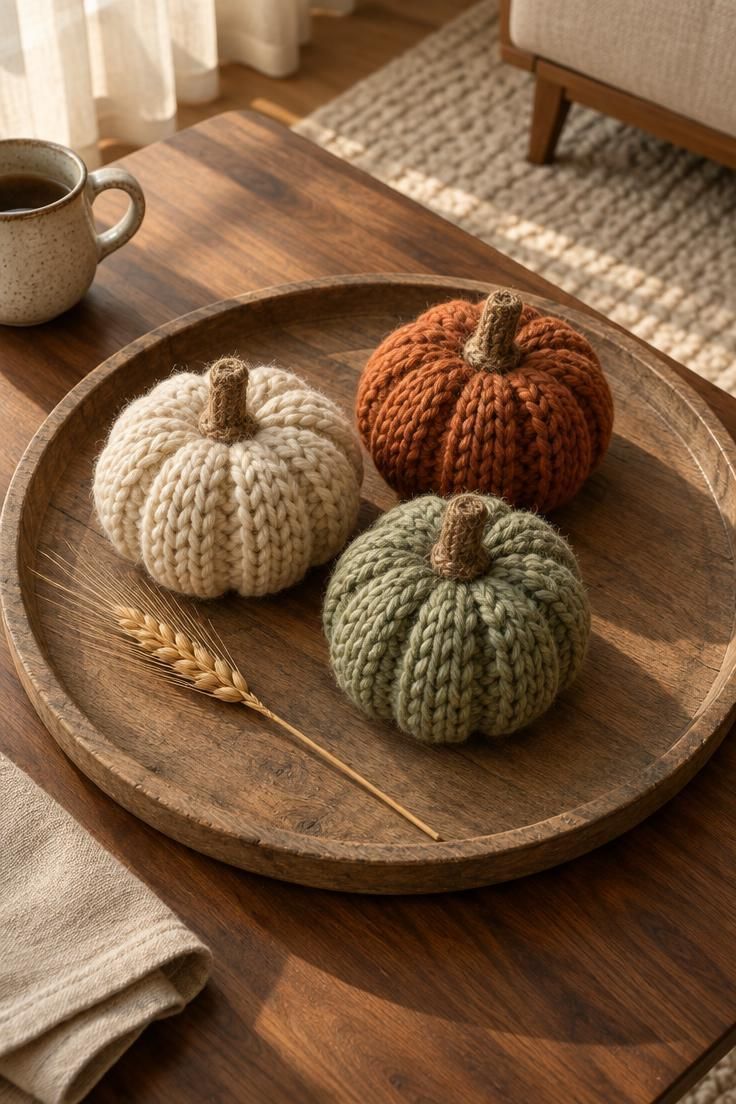 11 Cozy Halloween Decor Ideas for a Warm, Welcoming Fall 1 Three chunky-knit pumpkins in cream, rust, and sage on a weathered round wood tray with a sprig of dried wheat, lit by warm afternoon sun.