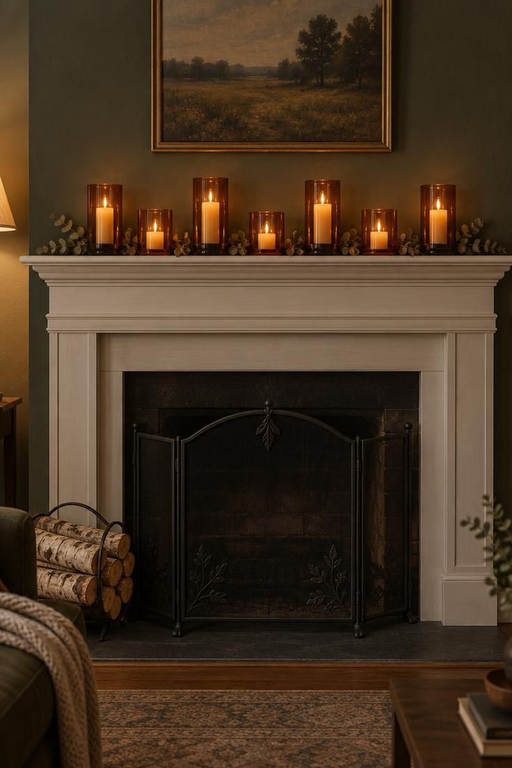 11 Cozy Halloween Decor Ideas for a Warm, Welcoming Fall 2 A white wood mantel lined with amber glass candle holders holding battery candles at mixed heights, with dried eucalyptus tucked between them against a sage wall.
