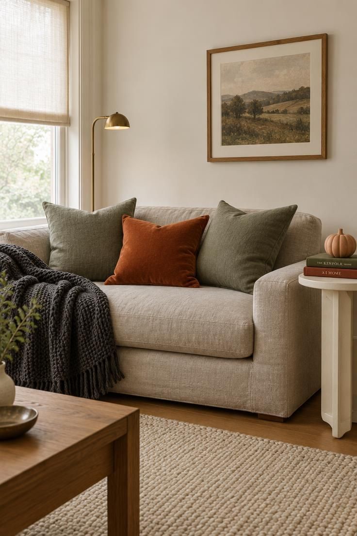 11 Cozy Halloween Decor Ideas for a Warm, Welcoming Fall 3 An oatmeal linen sofa with a charcoal knit throw, sage linen pillows, and a burnt orange velvet pillow beside a cream side table with a ceramic pumpkin.