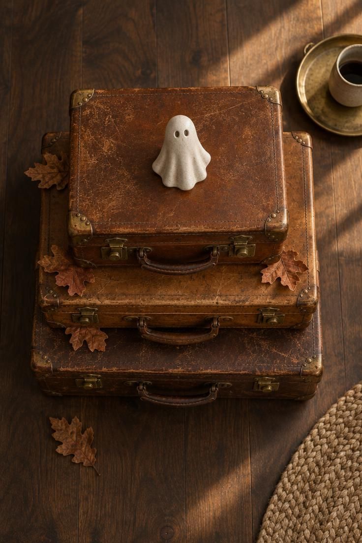 11 Cozy Halloween Decor Ideas for a Warm, Welcoming Fall 4 An overhead view of three stacked vintage leather suitcases topped with a small cream ceramic ghost and dried oak leaves tucked between the edges.