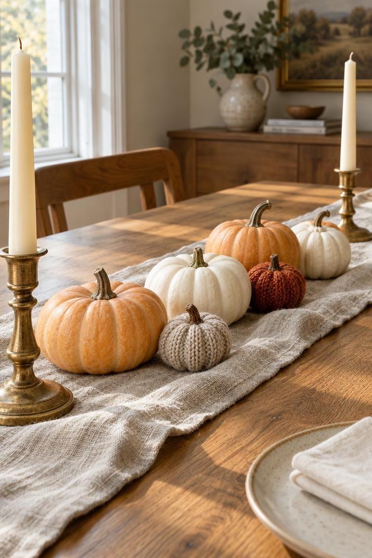 11 Cozy Halloween Decor Ideas for a Warm, Welcoming Fall 5 A flax-linen table runner with miniature pumpkins in pale orange and ivory, knit pumpkins, and brass candle holders on a warm oak dining table.