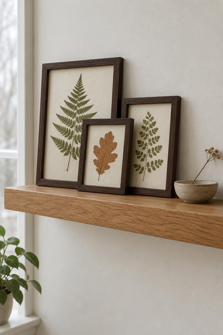 11 Cozy Halloween Decor Ideas for a Warm, Welcoming Fall 6 A warm oak shelf with three dark wood frames holding pressed ferns and autumn leaves, leaning against an ivory wall in soft overcast light.